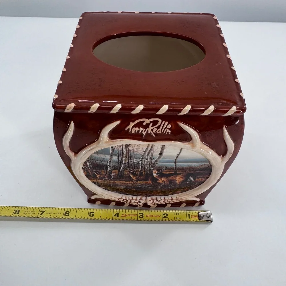 Terry Redlin Tissue Box Cover Wildlife Deer Ceramic Rustic Lodge‎ Cabin Brown